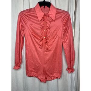 1970s Retro Pink Ruffle Bib Disco Dagger Collar Long Sleeve Bodysuit Leotard M